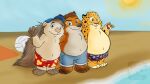  16:9 2016 anthro beach belly benjamin_clawhauser bottomwear brown_body canid canine cheetah clothing disney embrace felid feline fox gideon_grey group hug humanoid_hands kresblain male mammal outside overweight overweight_male porcupine rodent seaside shorts sun swimwear widescreen yellow_body young zootopia 