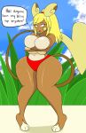  2016 accessory alolan_raichu anthro beach big_breasts bikini blonde_hair blue_eyes breast_squish breasts brown_body brown_fur clothed clothing covering covering_breasts covering_self curvy_figure detailed_background dialogue digital_media_(artwork) english_text eyelashes feet female fingers fur hair hair_accessory hair_tie hi_res hourglass_figure huge_breasts igphhangout mammal milliani_the_raichu_alolan_(igph) multicolored_body multicolored_fur navel nintendo outside pok&eacute;mon pok&eacute;mon_(species) ponytail regional_form_(pok&eacute;mon) seaside solo squish standing swimwear tan_body tan_fur text thick_thighs toes tongue topless topless_anthro topless_female two_tone_body two_tone_fur video_games voluptuous wide_hips 