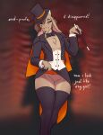 ambiguous_gender black_tie_(suit) bottomwear bovid caprine classy clothing corset english_text girly goat hat headgear headwear hi_res jakethegoat jakethegoat_(character) legwear lingerie magic_wand magician male mammal necktie skirt solo stage stockings suit text thick_thighs top_hat topwear 