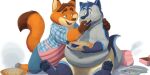  2020 2:1 anthro apron belly bottomwear canid canine canis clothing dessert disney duo eating feeding food fox fur gideon_grey grey_body humanoid_hands male mammal navel oliverkinter orange_body orange_fur overweight overweight_male pie shirt shorts sitting topwear wolf zootopia 