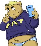  2015 absurd_res anthro belly black_nose brown_body cellphone clothing fat_hoodie hi_res hoodie humanoid_hands kemono male mammal meme meme_clothing navel overweight overweight_male phone s1b9t simple_background smartphone solo text text_on_clothing text_on_hoodie text_on_topwear topwear underwear ursid white_background 