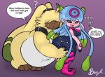 angoramon anthro bandai_namco belly big_butt blush bunearyk butt digimon digimon_(species) digimon_ghost_game duo embarrassed english_text female fur hair hair_over_eyes jellymon long_ears male overweight overweight_male tentacles text yellow_body yellow_fur 