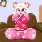  &lt;3 &lt;3_eyes 1:1 animal_crossing anthro anus armchair blush bodily_fluids breasts chair charming chubby_female clothed clothing female furniture genital_fluids genitals giant_panda hi_res lamp mammal nintendo partially_clothed paws pink_body pink_clothing pinky_(animal_crossing) presenting presenting_pussy pussy pussy_juice slightly_chubby sofa solo thick_thighs ursid video_games zokoira 