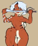  anthro blue_eyes breasts butt canid canine ear_piercing ear_ring felid female fox fur hair hi_res hybrid mammal markings melee_weapon mia_ryder multicolored_body multicolored_fur muscular nude orange_body orange_fur pantherine petsoftthings_(artist) piercing raised_arms solo stripes sword tan_body tan_fur thick_thighs tiger two_tone_body two_tone_fur weapon white_hair 