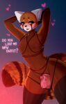  absurd_res ailurid anthro balls blush chastity_cage chastity_device dialogue digital_media_(artwork) english_text fangs genitals girly green_eyes hands_behind_head hi_res looking_at_viewer male mammal nude red_panda shaded shudayuda solo text tongue tongue_out 