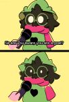  aamakuruu anthro black_body black_fur bovid caprine clothed clothing comic constricted_pupils daww deer_being_interviewed deltarune eyewear fully_clothed fur glasses goat hi_res looking_at_viewer male mammal meme monotone_body monotone_fur pupils ralsei scarf small_pupils solo standing two_panel_image undertale_(series) video_games 