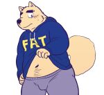  2015 anthro black_nose blush bottomwear bulge canid canine canis clothing domestic_dog fat_hoodie hoodie humanoid_hands kemono kick_(artist) male mammal meme meme_clothing navel overweight overweight_male pants simple_background solo text text_on_clothing text_on_hoodie text_on_topwear topwear white_background 