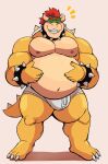  2021 absurd_res anthro belly big_belly big_bulge big_muscles blush bowser bracelet briefs bulge claws clothing emanata eyebrows eyes_closed front_view hair hand_on_stomach hi_res horn jewelry koopa male mario_bros musclegut muscular muscular_anthro muscular_male navel nintendo nipples overweight overweight_anthro overweight_male pecs scalie shell simple_background smile solo spiked_bracelet spiked_shell spiked_tail spikes spikes_(anatomy) standing teeth thick_thighs tighty_whities underwear video_games vitashi white_background white_clothing white_underwear 