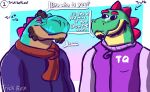  absurd_res alligator alligatorid anthro chubby_male clothing crocodilian curled_hair dialogue dinosaur duo english_text eyewear facial_hair glasses goatee hair hi_res horn lean_muscle male male/male reptile scalie scarf sideburns simple_background sweater text text_on_clothing theropod topwear trick_rex_(artist) trick_rex_(character) truth_gator_(character) tyrannosaurid tyrannosaurus tyrannosaurus_rex 