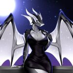  1:1 2020 5_fingers anthro big_breasts black_clothing black_dress breasts cleavage clothed clothing clothing_pull curvaceous curvy_figure dragon dress female fingers grey_body grey_eyes grey_skin hi_res horn hourglass_figure looking_at_viewer moon nanniras sitting smile solo spread_wings star voluptuous white_horn wings zuriel_(spacesharkarzul) 