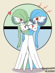  2_heads 3:4 absurd_res angry blue_body blue_skin blush breasts chest_spike clothed clothing conjoined conjoined_twins dress duo female female/female gardevoir green_body green_skin hand_behind_head hand_on_hip hi_res humanoid multi_head nintendo nipples pok&eacute;ball pok&eacute;mon pok&eacute;mon_(species) red_eyes simple_background spaghetti99 spikes spikes_(anatomy) topless topless_female video_games white_body white_clothing white_dress white_skin 