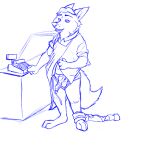  1:1 2016 absurd_res anthro apron blue_and_white canid canine clothing disney erection fox genitals gideon_grey hi_res humanoid_hands jah male mammal monochrome navel penis shirt solo topwear underwear zootopia 
