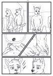  aariel anthro athletic axel bathroom canid canine clothing comic duo genitals hi_res humanoid_genitalia humanoid_penis looking_at_another male male/male mammal penis piss_stain swimming_trunks swimwear wolfyalex96_(artist) 
