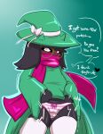  &lt;3 absurd_res anthro blush bovid bow_tie bulge caprine clothed clothing clothing_lift crossdressing deltarune english_text eyewear flashing garter_straps glasses goat hat headgear headwear hi_res horn legwear male mammal panties pattern_clothing ralsei saurian_(artist) scarf solo striped_clothing stripes suggestive_dialogue text thigh_highs undertale_(series) underwear video_games witch_hat 