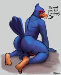  2021 anthro athletic athletic_anthro athletic_male avian backsack balls beak bedroom_eyes big_balls big_butt bird bubble_butt butt dialogue english_text erection falco_lombardi falcon falconid feathers genitals grey_background hi_res inviting kneeling looking_at_viewer looking_back looking_back_at_viewer male narrowed_eyes nintendo nude penis perineum plantigrade presenting presenting_hindquarters profanity seductive signature simple_background smile solo star_fox talking_to_viewer text thick_thighs uniparasite video_games 