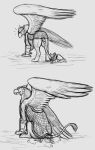  archteryx armor avian butt butt_crush duo feral gryphon headgear helmet hi_res jagg_(thatgryphonguy) male monochrome mythological_avian mythology sitting_on size_difference sketch thatgryphonguy wings 