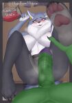  &lt;3 4_toes absurd_res anthro big_breasts blush bodily_fluids breasts canid canine canis claws clothed clothing dialogue duo ear_piercing ear_ring erection feet female first_person_view fur genitals green_body green_scales grey_body grey_fur hi_res imminent_sex legwear lying male male/female mammal ms._ash_(character) musk neck_tuft omega56 on_back pawpads paws penis piercing red_eyes scales scalie scar sharp_teeth smile stockings sweat teeth text toe_claws toes topless tuft wolf 