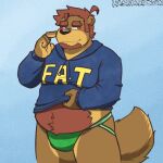  1:1 2015 anthro belly black_nose blue_background blush brown_body brown_fur clothing fat_hoodie fur hashburrowns hoodie humanoid_hands jockstrap male mammal meme meme_clothing overweight overweight_male simple_background solo text text_on_clothing text_on_hoodie text_on_topwear topwear underwear ursid 