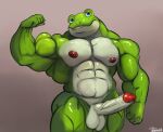  2021 abs amphibian anthro balls barazoku biceps big_muscles big_penis erection flexing frog genitals grey_background hi_res huge_muscles humanoid_genitalia humanoid_penis looking_at_viewer male muscular muscular_anthro muscular_male navel nintendo nipples nude obliques pecs penis signature simple_background slippy_toad smile solo standing star_fox toad_(frog) uniparasite video_games 