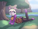  4:3 absurd_res animal_crossing anthro asian_clothing breasts butt chinese_clothing clothing cuper_tortilla east_asian_clothing female giant_panda grass hi_res light mammal nintendo panda_tail paws pink_body pinky_(animal_crossing) plant red_clothing relaxing river solo sunlight tongue tongue_out tree ursid video_games 