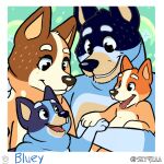  1:1 anthro australian_cattle_dog bandit_heeler bingo_heeler bluey_(series) bluey_heeler border canid canine canis carrying cattledog chilli_heeler daughter detailed_background dipstick_limbs domestic_dog english_text eye_contact family father father_and_child female fur group hand_holding happy herding_dog hi_res husband_and_wife looking_at_another looking_down male mammal married_couple mother mother_and_child mother_and_father multicolored_body multicolored_fur open_mouth parent parent_and_child pastoral_dog pivoted_ears portrait semi-anthro sibling signature sister sisters skytea smile text white_border 