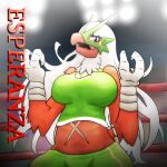  1:1 2021 anthro big_breasts blaziken blue_eyes breasts claws esperanza_(atomic417) female fighting_ring friita hair hi_res long_hair lucha_libre_mask luchador mask midriff nintendo not_furry pok&eacute;mon pok&eacute;mon_(species) red_body ring_ropes solo sports_mask sportswear stomach_scar text video_games white_hair wrestler wrestling_mask 