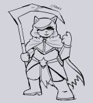  anthro armor beckoning black_and_white boots cape catti_(deltarune) claws clothed clothing deltarune domestic_cat ear_piercing ear_ring felid feline felis female footwear front_view fully_clothed gauntlets gesture gloves hair half-closed_eyes handwear holding_melee_weapon holding_object holding_scythe holding_weapon legwear mammal melee_weapon monochrome narrowed_eyes open_mouth open_smile patwhit piercing polearm scythe simple_background smile solo torn_cape undertale_(series) video_games weapon whiskers 