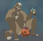  2021 anthro balls belly big_balls brown_body canid canine genitals halloween hi_res holidays horrorbuns humanoid_genitalia humanoid_hands humanoid_penis male mammal moobs nipples overweight overweight_male penis raccoon_dog sitting solo tanuki 