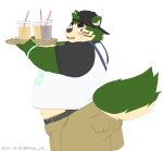 2021 anthro blush bottomwear canid canine canis clothing domestic_dog green_body hi_res kemono lifewonders live-a-hero male mammal mokdai moujya overweight overweight_male pants shirt simple_background solo topwear video_games white_background 
