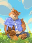  2020 3:4 anthro belly benj24 blue_eyes bottomwear brown_nose canid canine clothing disney feet foot_fetish fox gideon_grey male mammal navel outside overweight overweight_male pants rainbow shirt sitting solo topwear zootopia 