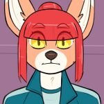  1:1 2021 anthro canid canine canis clothed clothing digital_media_(artwork) domasarts domestic_dog female hair heiko_(domasarts) looking_at_viewer mammal pupils purple_background reaction_image red_hair simple_background slit_pupils solo squid_game yellow_eyes 