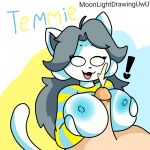  1:1 anthro breast_play breasts canid canine clothed clothing erection felid feline female genitals hair hi_res human light1034 male male/female mammal nipples open_mouth penis sex simple_background smile tem temmie_(undertale) text titfuck topwear undertale undertale_(series) video_games white_body 