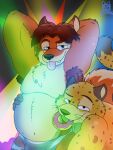 2017 3:4 anthro armpit_hair belly benjamin_clawhauser black_nose body_hair brown_body bulge canid canine cheetah clothing cute_fangs dessert disney doughnut duo embrace felid feline food fox gideon_grey hi_res hug humanoid_hands male male/male mammal moobs overweight overweight_male theawesomefoxguy tongue tongue_out underwear yellow_body zootopia 