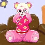  1:1 animal_crossing anthro armchair blush breasts chair charming chubby_female clothed clothing female furniture giant_panda hi_res lamp mammal nintendo partially_clothed paws pink_body pink_clothing pinky_(animal_crossing) slightly_chubby sofa solo thick_thighs ursid video_games zokoira 