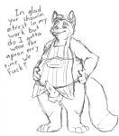  2016 animal_genitalia animal_penis anthro apron balls canid canine canine_penis clothing dialogue disney english_text erection fox genitals gideon_grey hi_res humanoid_hands izvy_(artist) male mammal overweight overweight_male penis simple_background solo text white_background zootopia 