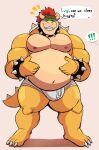  ! &lt;3 2021 absurd_res anthro belly big_belly big_bulge big_muscles blush bowser bracelet bulge claws clothing dialogue duo emanata english_text eyebrows eyes_closed front_view hair hand_on_stomach hi_res horn inviting jewelry koopa luigi male mario_bros musclegut muscular muscular_anthro muscular_male navel nintendo nipples offscreen_character overweight overweight_anthro overweight_male pecs scalie shell simple_background smile solo_focus spiked_bracelet spiked_shell spiked_tail spikes spikes_(anatomy) standing teeth text thick_thighs underwear video_games vitashi white_background 