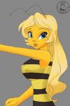  antennae_(anatomy) anthro arthropod bee blonde_hair blue_eyes breasts clothing female hair hi_res hymenopteran insect kittmouri looking_at_viewer pattern_clothing solo striped_clothing stripes 