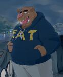  2015 anthro bottomwear brown_body clothing detailed_background fat_hoodie hoodie kemono male mammal meme meme_clothing night outside overweight overweight_male pants solo suid suina sus_(pig) text text_on_clothing text_on_hoodie text_on_topwear topwear train_(artist) water wild_boar 