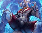  2021 abs anthro blue_body blue_scales bulge clothing dragon eyewear goggles hair hydoor lifewonders live-a-hero male muscular muscular_anthro muscular_male nurinaki pecs scales shaded short solo spread_legs spreading swimwear video_games water white_hair 