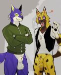  &lt;3 2021 absurd_res animal_crossing animal_genitalia animal_penis anthro balls bottomless canid canine canine_penis canis casual_exposure clothed clothing crossed_arms dog_tags duo eyes_closed fur genitals gesture grey_background hi_res jacket k0bit0wani kyle_(animal_crossing) lobo_(animal_crossing) looking_at_viewer male mammal nintendo open_clothing open_mouth open_smile open_topwear open_vest outside penis penis_tip plant sheath shirt simple_background smile standing teeth tongue topwear tree tuft vest video_games waving wolf 