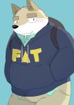  2015 anthro black_nose blue_background blush bottomwear brown_body canid canine canis clothing cute_fangs domestic_dog fat_hoodie hoodie kemono male mammal meme meme_clothing och5 overweight overweight_male pants simple_background solo text text_on_clothing text_on_hoodie text_on_topwear topwear 