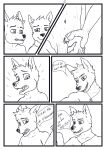  aariel anthro axel bathroom canid canine comic duo genitals hi_res male male/male mammal penis spanish_text surprised_expression text touching_hand translated wolfyalex96_(artist) 