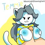  1:1 anthro breast_play breasts canid canine clothed clothing erection felid feline female fur genitals hair hi_res human light1034 male male/female mammal nipples penis sex simple_background smile tem temmie_(undertale) text titfuck undertale undertale_(series) video_games white_body 