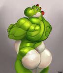  2021 anthro back_muscles barazoku big_butt big_muscles bubble_butt butt crossed_arms green_yoshi grey_background huge_butt huge_muscles looking_at_viewer looking_back looking_back_at_viewer male mario_bros muscular muscular_anthro muscular_male nintendo nude rear_view scalie signature simple_background solo standing triceps uniparasite video_games yoshi 