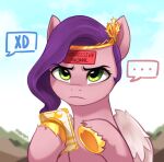  &lt;3 ... cellphone emoticon equid equine female fluffy_wings gold_(metal) gold_hooves green_eyes hair hasbro hi_res hooves mammal marenlicious mlp_g5 my_little_pony pegasus phone pipp_petals_(mlp) purple_hair smartphone solo sticker unamused wings xd 