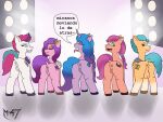  2d_(artwork) 4:3 balls butt dialogue equid equine equine_tail female feral genitals group hair hasbro hi_res hitch_trailblazer_(mlp) horn horse izzy_moonbow_(mlp) looking_at_viewer looking_back m-47 male mammal mlp_g5 multicolored_hair my_little_pony pegasus pipp_petals_(mlp) pony pussy raised_tail speech_bubble sunny_starscout_(mlp) text translated two_tone_hair unicorn wings zipp_storm_(mlp) 