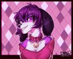  absurd_res anthro bell bloot_(bloot) border breasts canid canine canis collar domestic_dog female fur hair hi_res icon looking_at_viewer mammal multicolored_body multicolored_fur punxsimon purple_border purple_eyes purple_hair smile solo two_tone_body two_tone_fur 