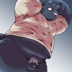  2021 anthro balls belly black_body clothing felid flaccid genitals hi_res humanoid_genitalia humanoid_penis kemono male mammal overweight overweight_male penis pink_nose pubes shirt solo suishou0602 topwear 