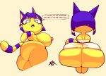  2021 animal_crossing ankha_(animal_crossing) anthro areola big_breasts big_butt big_pupils black_eyes blue_hair blue_tail breasts butt butt_squish cat_tail clothed clothing dialogue domestic_cat dress ears_up english_text eyelashes featureless_feet featureless_hands felid feline felis female frown fur hair huge_breasts huge_butt long_tail looking_down mammal markings multiple_images nintendo nipples noseless nude onomatopoeia open_frown open_mouth orange_areola orange_nipples pupils rear_view short_hair sitting sixsidesofmyhead solo sound_effects speech_bubble squish standing striped_markings striped_tail stripes tail_markings text thick_thighs tight_clothing torn_clothing two_tone_tail video_games watermark white_pupils wide_hips yellow_body yellow_fur yellow_tail 