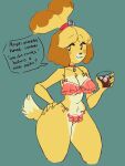 3:4 absurd_res animal_crossing anthro bikini blonde_hair breasts canid canine canis clothed clothing dialogue domestic_dog female fur green_background hair hand_on_hip hi_res isabelle_(animal_crossing) lewdersheep mammal nintendo shih_tzu simple_background skimpy solo swimwear thick_thighs toy_dog video_games yellow_body yellow_fur 